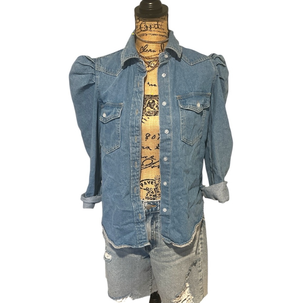 Blue Denim Puff Sleeve Shirt